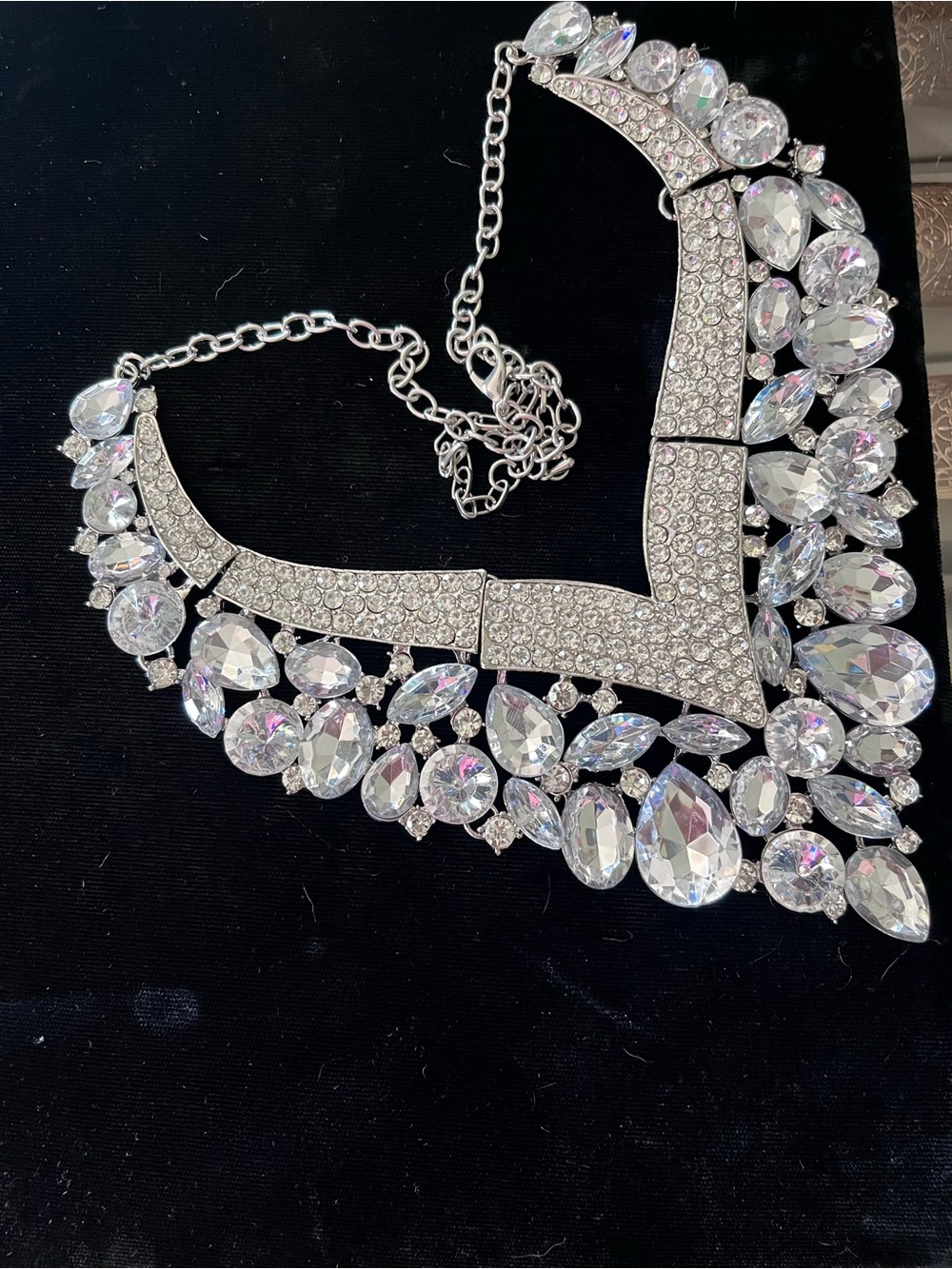 Large Clear Crystal Rhinestone Statement Bib Necklace Silver Tone